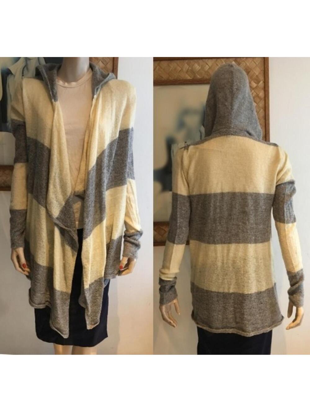 Anna Sui Mohair Blend Open Front Hooded Knit Cardigan Sweater Grey/Cream sz L